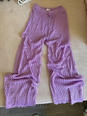 Lilac Crochet Knit Swim Coverup Pants with Drawstring Waist